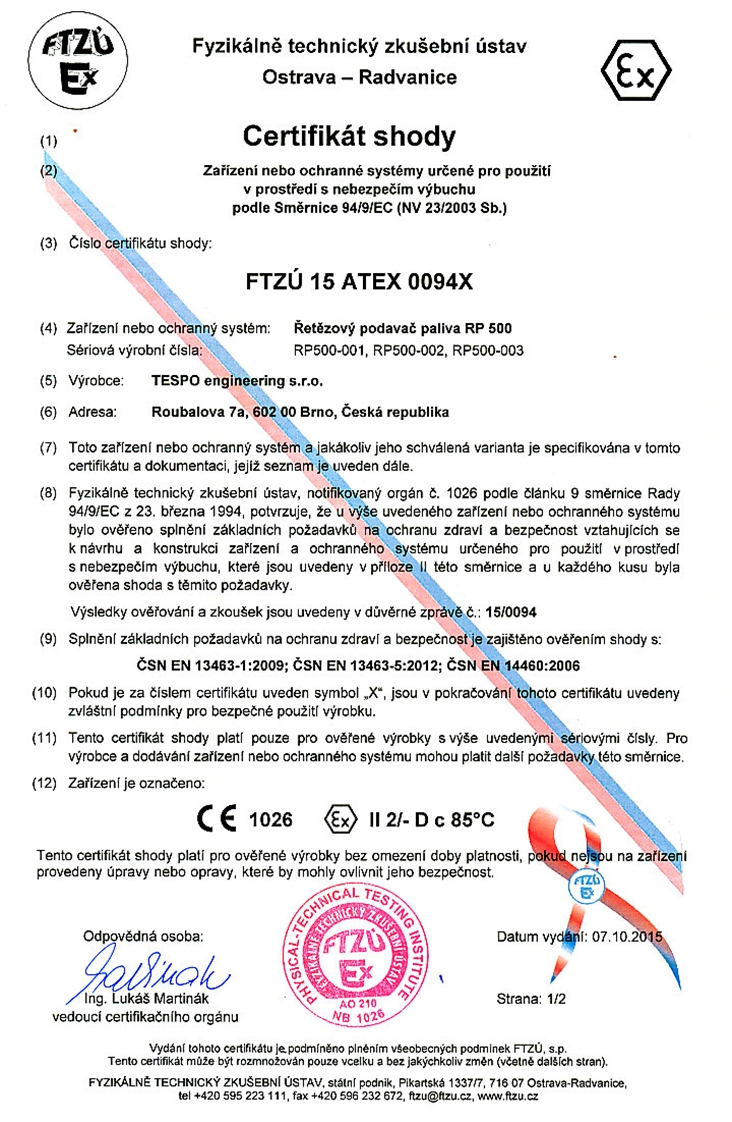 Certifikát ATEX pro řetězový podavač paliva RP 500